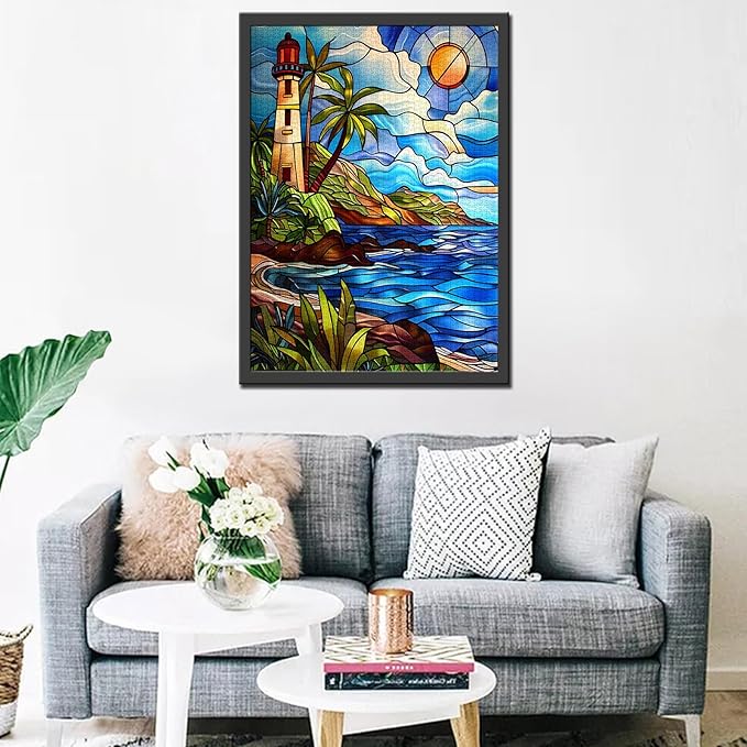 Jigsaw Puzzles 1000 Pieces for Adults-Lighthouse Glass Style Seaside Puzzle-Challenging Puzzle Perfect for Game Nights-DIY Home Wall Decor-Art Puzzles Colorful Stained Glass Lighthouse 27" x 20"
