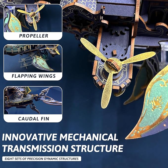 DIY 3D Wooden Puzzle Whale Spaceship,Miniature Wooden Dollhouse Model for Adults to Build,Gifts for Family Friends - Whale Ark of The Universe (Starlight Blue)