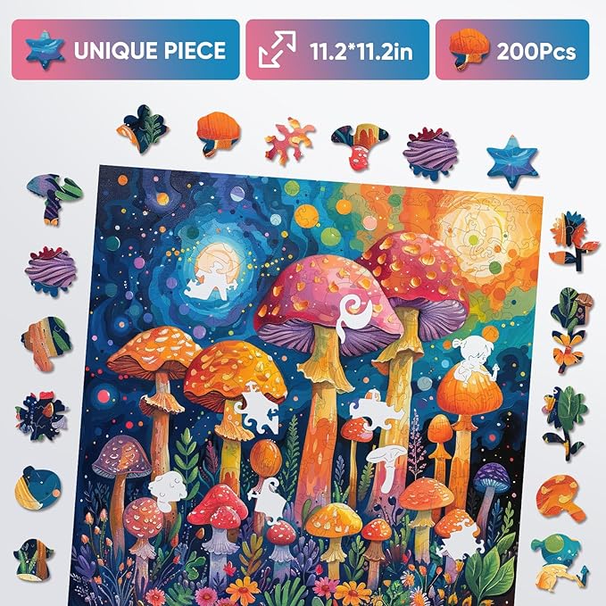 Wooden Puzzles for Adults, 200 Pieces Mushroom Wooden Jigsaw Puzzles, 11.2 inch Family Reunion Puzzle for Adult and Kids, Exquisite Packaging, Best Women's Day Gifts for Mothers Family Friends