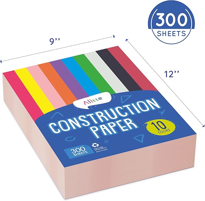 Alitte Construction Paper Assorted Colors - (300 Sheets, 9x12), Craft Paper, 10 Bright Colors - Bulk Pack Arts & Crafts Projects - Colored Paper For Preschool, Home, And Classroom Supplies