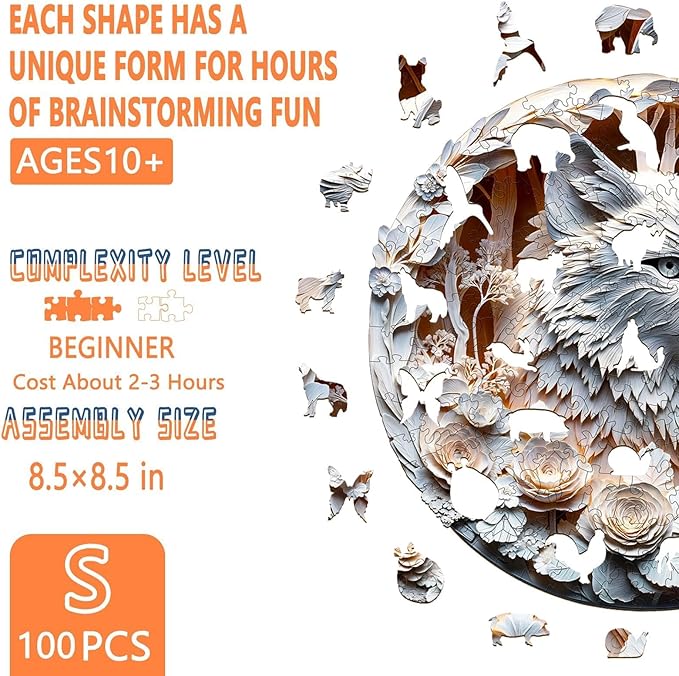 Wooden Puzzles for Adults, Flat Puzzle with 3D Visual Effect, White Wolf Wooden Jigsaw Puzzles for Adults 100 Piece, Unique Shape Wood Puzzles Adult, Wall Art Canvas Puzzle (S-8.5 * 8.5in)