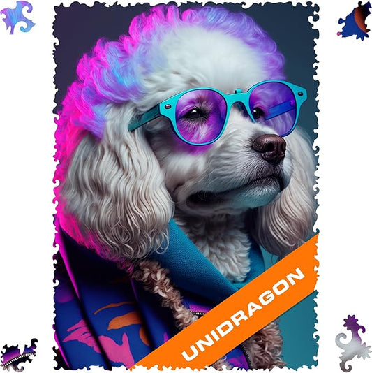 UNIDRAGON Original Wooden Jigsaw Puzzles - Pop Art Glow Up Collection - Sir Poodle - Dog Puzzle 250 Pieces, Beautiful Gift Package, Wooden Puzzle for Adults