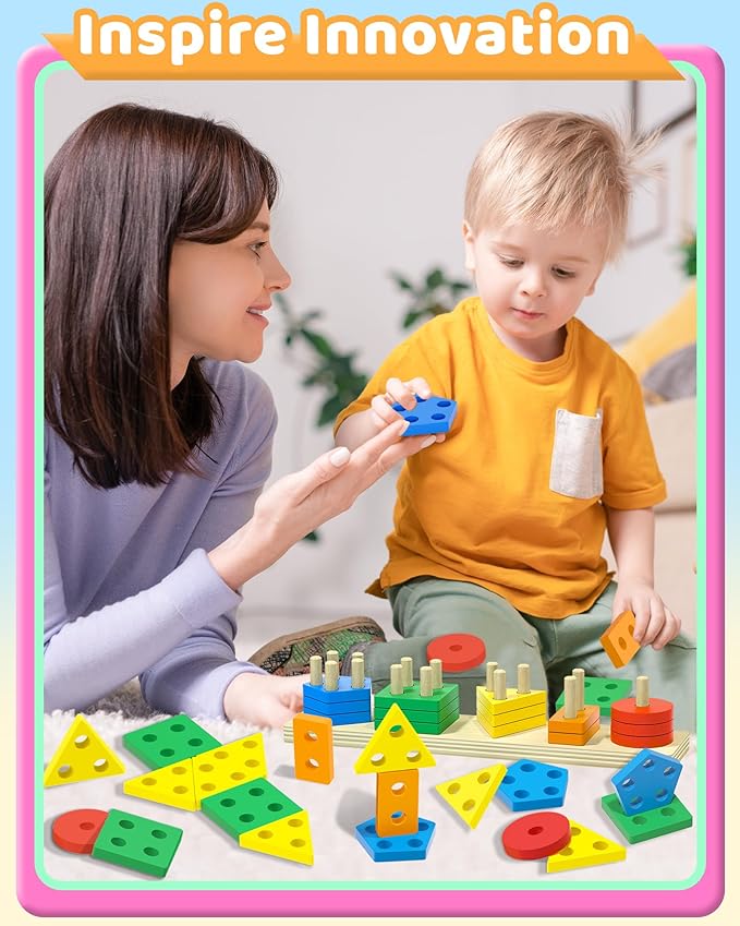 Montessori Toys for 1 2 Year Old Girl Boy, Toddler Toys 1 2 Year Old Girl Boy Birthday Gifts, Education Toddler Puzzles for Wooden Stacking Block Ages 1-3 2-4