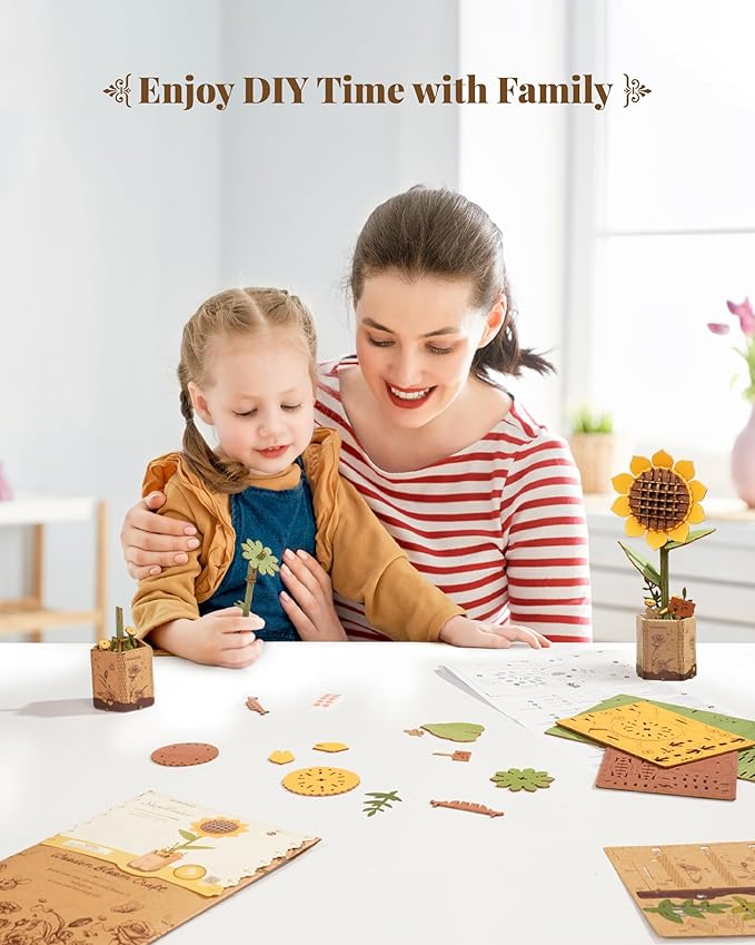 rowood 3D Wooden Puzzles for Adults, DIY Artifical Flower Building Set Craft Kit for Women,Mother's Day/Valentine's Day/Thanksgiving Day/Christmas/Birthday Gift -Sunflower