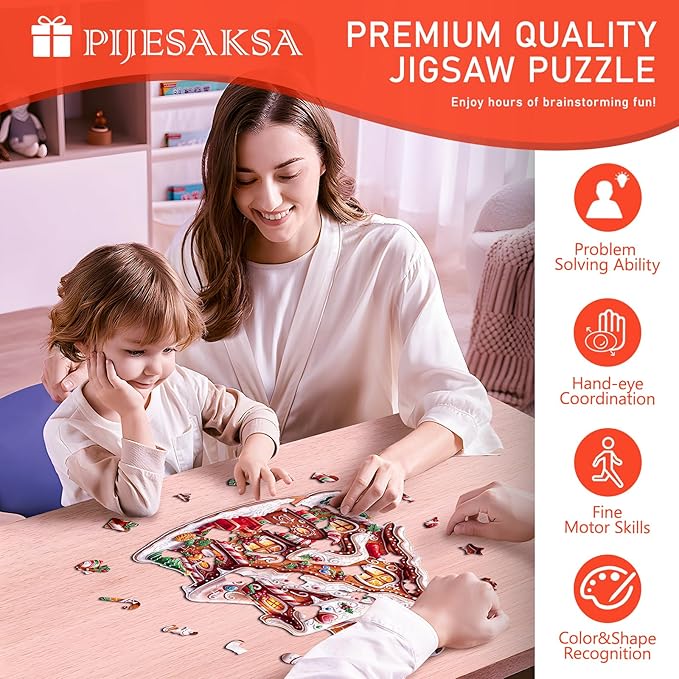 Christmas Wooden Puzzles for Adults, Gingerbread House Wooden Jigsaw Puzzle, Unique Shape Wood Puzzles Adult, Presents for Family and Friends, Wall Art Home Decor (M-11.4 * 10.6in- 200 Pieces)