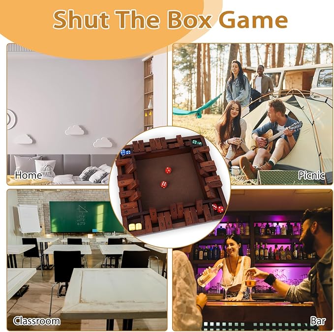 Shut The Box Game Wooden, 12 inch Close Shut The Box Game for 2-4 Player Adults, Math Sequence Dice Plunder Board Games with 8 Dice, 4-Sided 10 Number Table Games for Family Classroom Home Party Pub