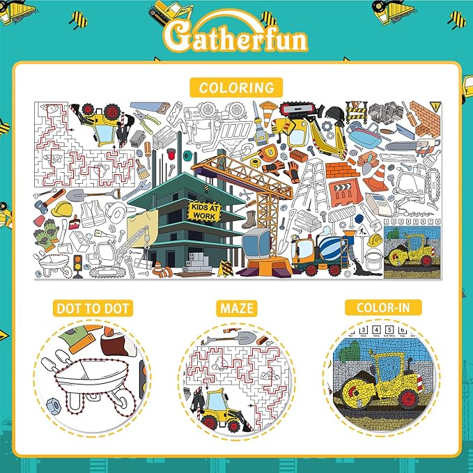 Gatherfun Construction Party Giant Coloring Poster - 31.5x 72 Inches - Versatile Classroom Wall Décor & Birthday Activity - Construction Poster or Table Cover for School Parties and Special Events