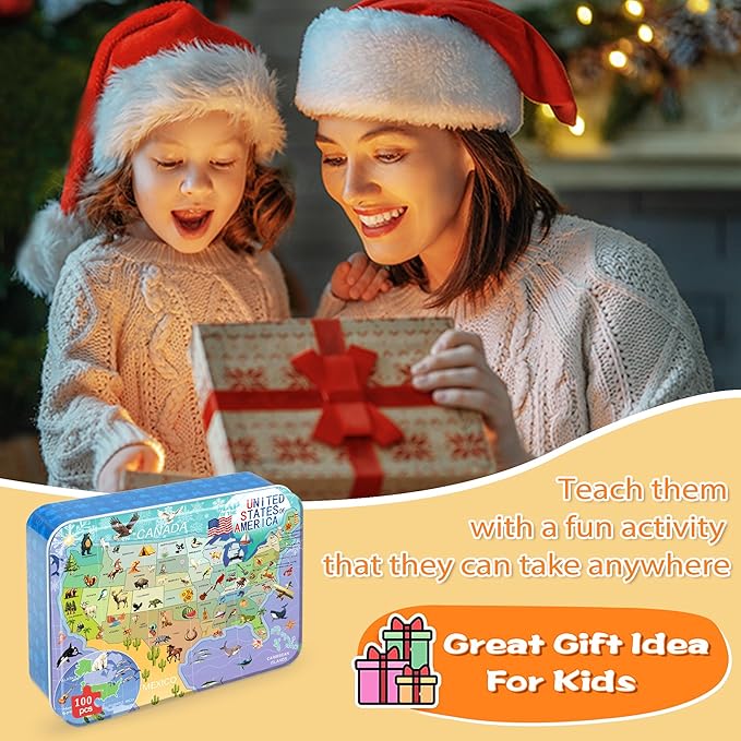 LELEMON Puzzles for Kids Ages 4-6,USA Map 100 Piece Puzzles for Kids Ages 4-8 in a Metal Box, Educational Jigsaw Puzzles 100 Piece Puzzle Games Puzzle Toys for Girls and Boys