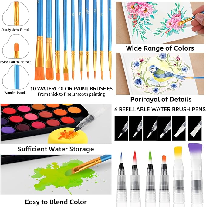 Watercolor Paint Set, 48 Color Watercolor with 10 PCS Nylon Brushes,6 PCS Refillable Water Brush Pen, 12 Page Pad and 2 PCS Art Sponges. Watercolor Paint set for Adults,Children and Beginners
