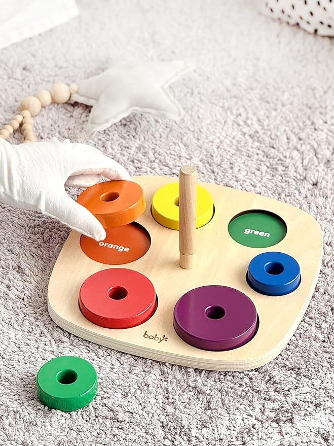 Dailyfunn Montessori Toys Wooden Rainbow Ring Stacker Color Size Learning Sorting Stacking Toy for Toddlers 1-3 Years Old