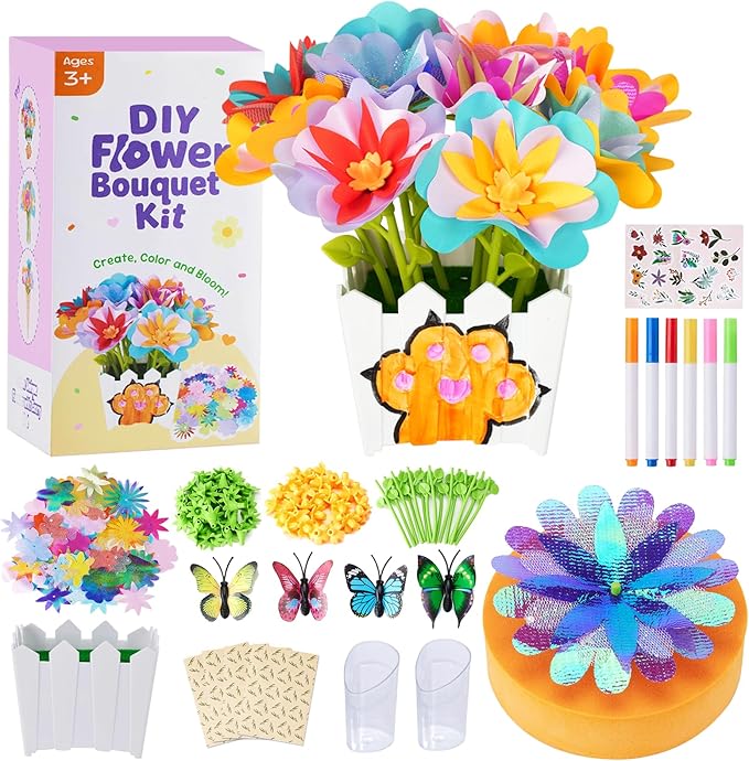 Fabric Flower Bouquets Toys - Flower Making Kit for Kids - DIY Flower Craft Kit, Gifts for 3 4 5 6 7 8 9 10 11 12 Year Old Girls, Preschool Learning Educational Activity Birthday Gifts Party Favors