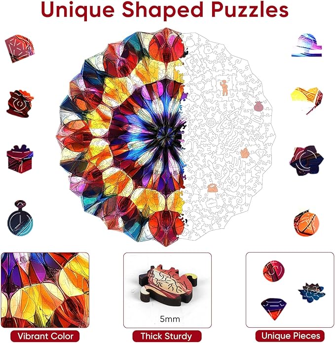 Ruikiyart Wooden Puzzles for Adults, 5MM 500 Pieces Crystal Wooden Jigsaw Puzzles, Gem Puzzle Unique Shaped for Adults and Kids on Birthday, Thanksgiving, Christmas, Family Puzzle Games(16.9''x16.7'')