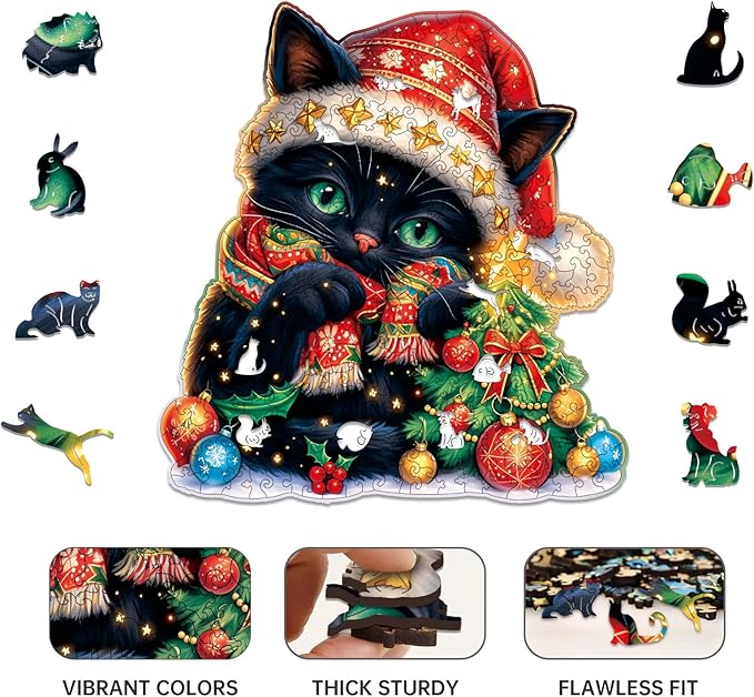 Wooden Jigsaw Puzzle for Adults,Christmas Cat Puzzle 300 Piece,Unique Shape Puzzle Challenge 14.9 x 14.9 Inch,Beautiful Wooden Puzzles Birthday Gifts for Adults Family Game