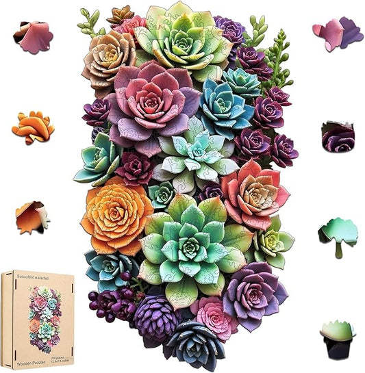 Wooden Jigsaw Puzzle, 200 Pcs Unique 3D Shape Jigsaw Puzzles, Wood Puzzle Gift Box Packing, Medium Size Letter, Creative Gift for Adults and Kids, Fun Challenging (EA4Succulent, 200PCS)
