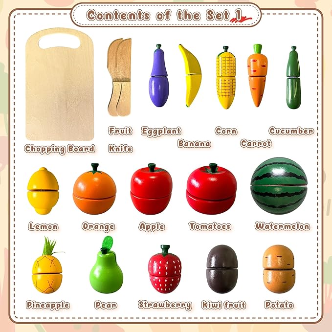 JBBRO Wooden Play Food, Wooden Toys Montessori Kitchen Tools for Toddlers 1-3, 46-Piece Realistic Cutting Set with Play Kitchen Accessories, Educational Pretend Food for Boys and Girls 18+ Months