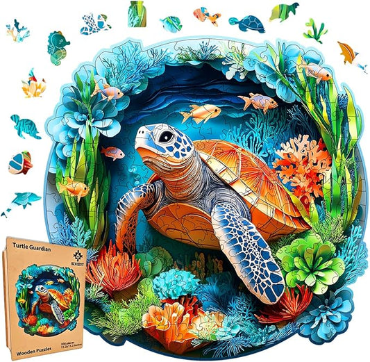 Wooden Jigsaw Puzzle, 200-500 Pieces Unique Shape Animal Puzzle, for Adults & Kids, Birthday Gift Family Game, Decorative Puzzle, Unique Gift (Turtle Guaridan, 500 PCS)