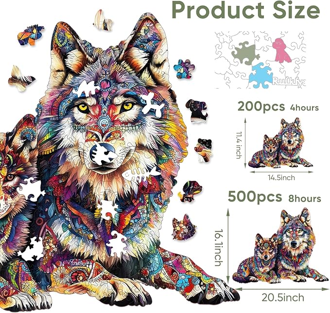 Ruikiyart Wooden Puzzles for Adults, 5MM 200 Pieces Wolf Family Wooden Jigsaw Puzzles, Animal Unique Shaped Puzzle Gifts for Adults and Kids on Thanksgiving, Family Puzzle Games (14.5"*11.4")
