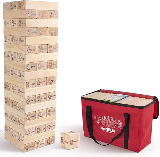 Giantville Giant Tumbling Timber Toy - Premium Pine Wood Life-Size Blocks Tower - Big Floor/Board Indoor/Outdoor Yard Game for Kids & Adults - 54-Blocks + Red Storage/Carry Bag - Grows Almost 4-Feet