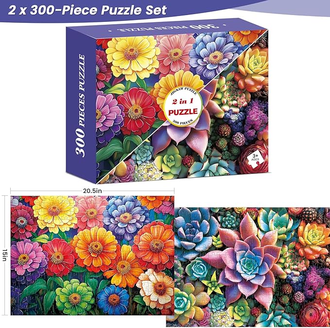 300 Piece Puzzle for Adults,Flowers & Succulents Jigsaw Puzzle for Adults Teens,Large Piece Puzzle for Kids Ages 8-10 10-12,Glossy & Sturdy Pieces,Challenging Family Game Great Gift,20.5x15 in