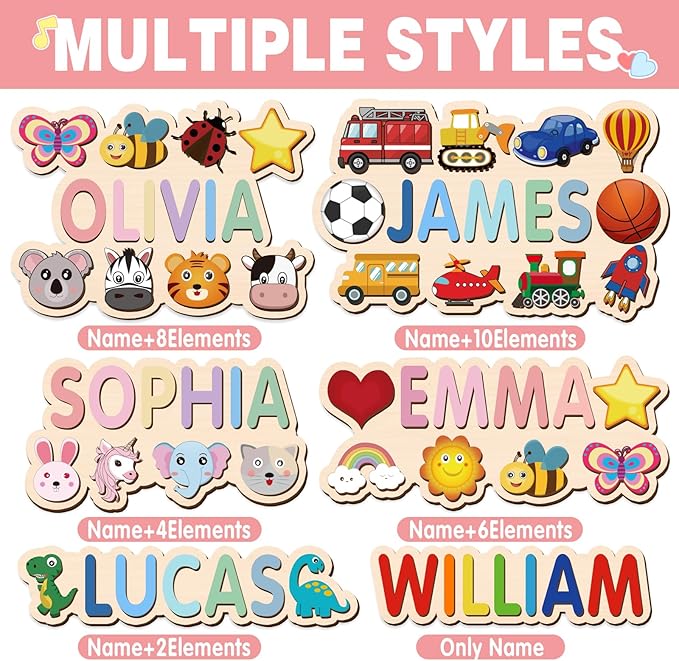 Name Puzzle for Kids Personalized, Custom Wooden Name Animal Puzzle, Montessori Learning Toys for Toddler 1-3, First Birthday Gifts for Girls&Boys