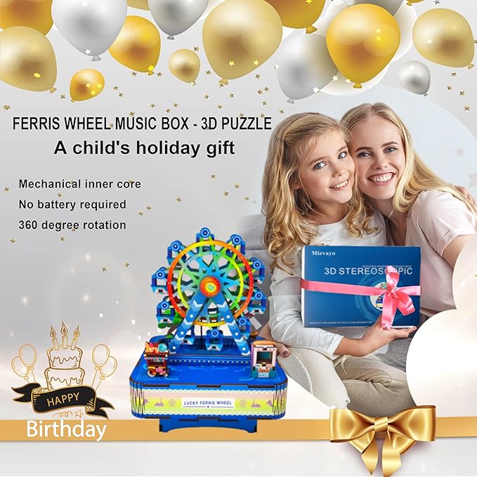 3D Wooden Puzzles Ferris Wheel DIY Rotating Music Box Kit 3D Wooden Jigsaw Puzzle Adult Teen Birthday Gifts and Toys for Kids（Lucky Ferris Wheel Music Box）