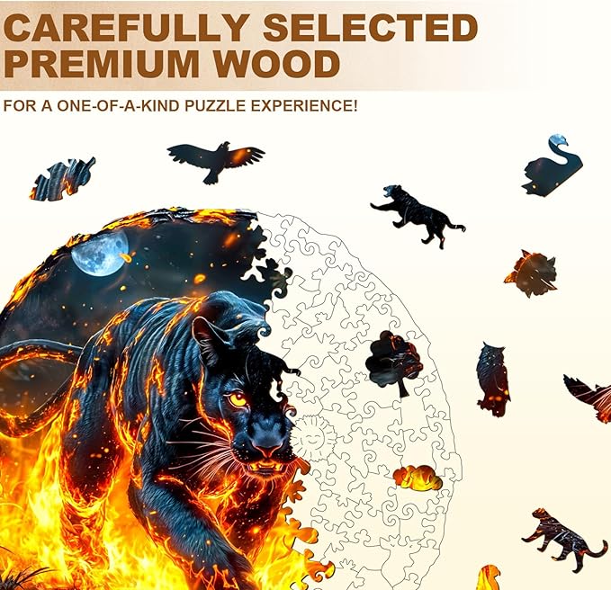 Wooden Puzzles for Adults - Flame Panther Wood Puzzles Adult - Unique Animal Shape Wooden Jigsaw Puzzles for Adults - Birthday Gifts for Puzzle Lovers, Family (8.5 * 7.9in)