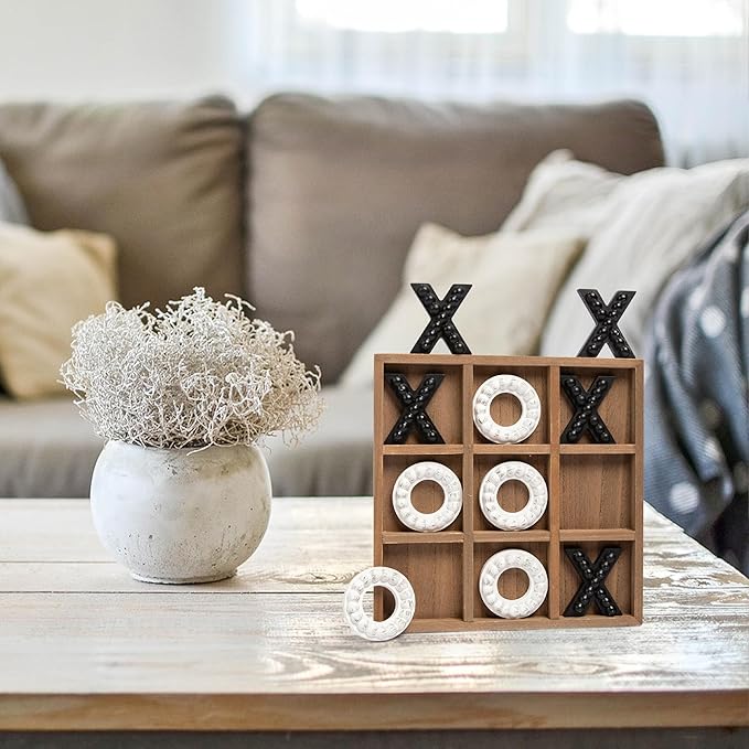 GENMOUS Wooden Tic Tac Toe Game Board for Seniors Family Indoor, 10.6 Inch Rustic Giant Tic Tac Toe Coffee Table Decor, Fun for Family Travel Outdoor Game Room Decor