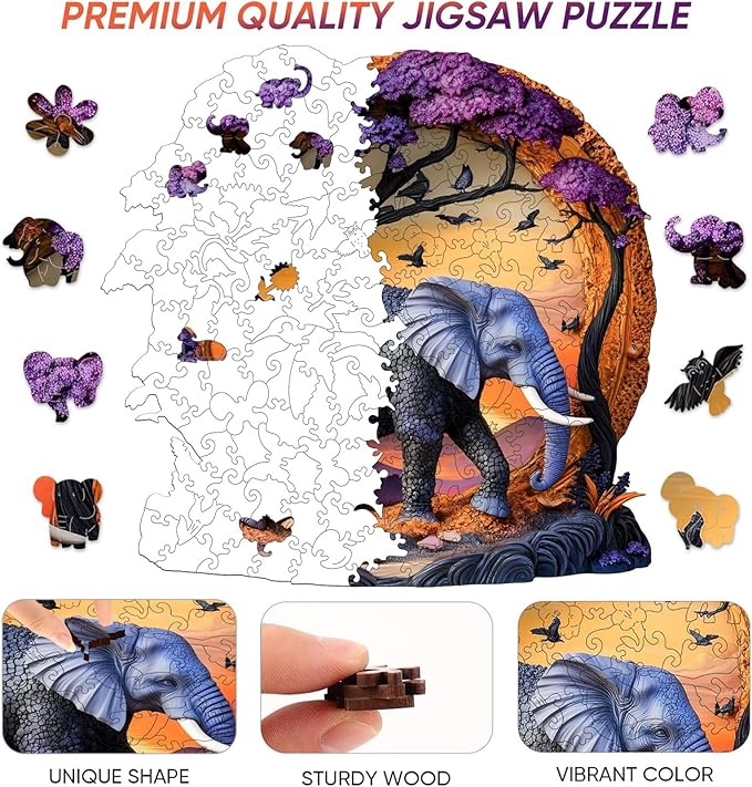 Wooden Puzzle for Adults 200 Pcs, 3D Vision Effect Elephant Forest Puzzle Unique Shape Advanced Jigsaw Puzzle, Challenge Wooden Jigsaw Puzzle for Family Game (11.2 x 10.9 in)