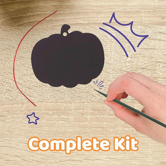 Neliblu Halloween Scratch Art Trick or Treat Paper Crafts Kit Bulk Pack of Halloween Pumpkins with Magic Rainbow Colors - 24 Pumpkin Ornaments, 24 Scratch Sticks, 24 Ribbons