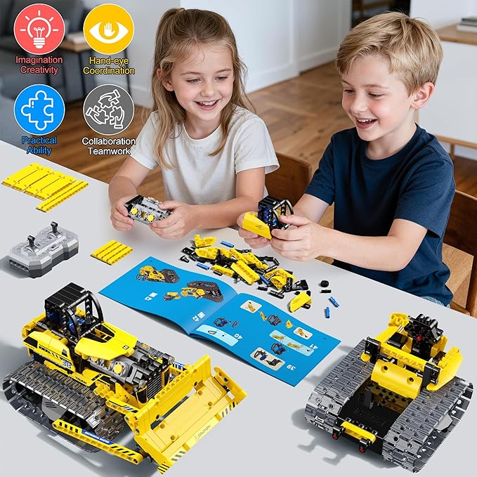 zinat 3 in 1 STEM Remote Control Bulldozer Building Set, DIY Engineering Construction Kit with APP & Remote, Educational Robot Blocks Toy, Birthday for Kids Teens Adults - 452 Pcs