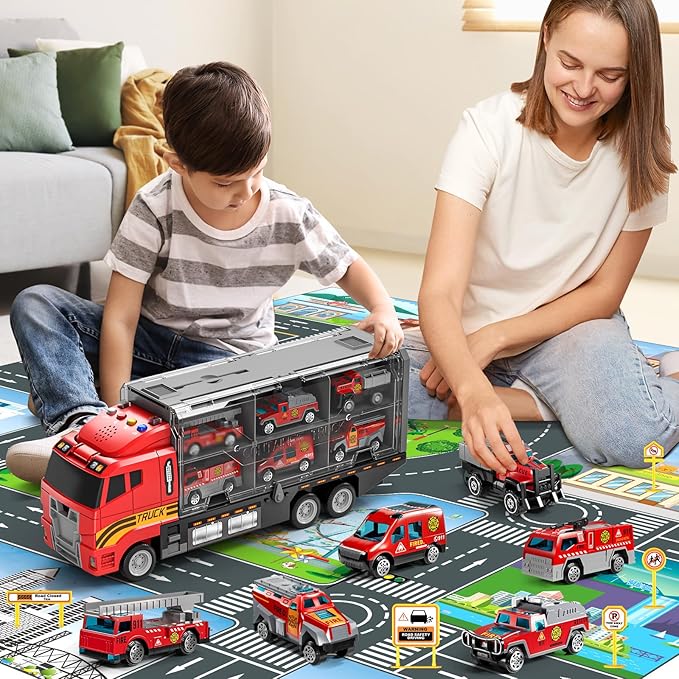Toddler Boys Toys for 3-5 Years Old, Fire Truck Vehicle Set with Play Mat and Die-Cast Toy Car, Transport Carrier Truck for Kids 3-5, Birthday Gifts Toys for 3-8+ Year Old Boys
