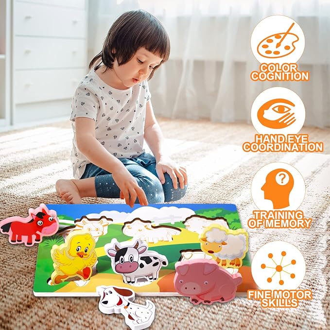 Wooden Peg Puzzle for Toddlers 1-3 Year Old,Funsland Puzzles Gifts Colorful Toys Cartoon Gifts,Farm Animals Puzzles