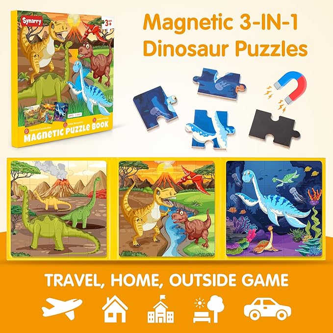 SYNARRY Magnetic Dinosaur Puzzles for Kids Ages 3-5, 20 Pieces Puzzles for Toddlers 4-6, Children Travel Activity Toys Games Gifts for Kids Boys Girls Ages 3 4 5 in Car Airplane Magnet for Road Trip