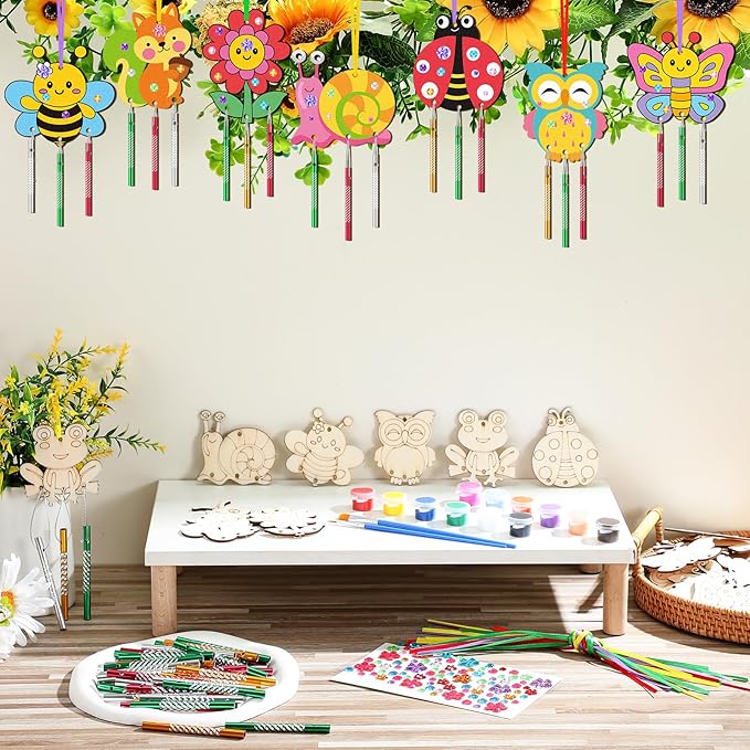 2025 VBS Wind Chime Making Kit for Kids Make Your Insect Own Wind Chime Wooden Ornaments for Girls and Boys DIY Insect Crafts Activity Birthday Spring Party Decoration