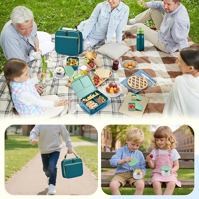 MAISON HUIS Kids Bento Box Set - Includes 8oz Soup Thermo, Insulated Lunch Bag & 17oz Stainless Steel Water Bottle, 5-Compartment Bento Box with Built-In Ice Pack, Leak-Proof & BPA-Free(Green)