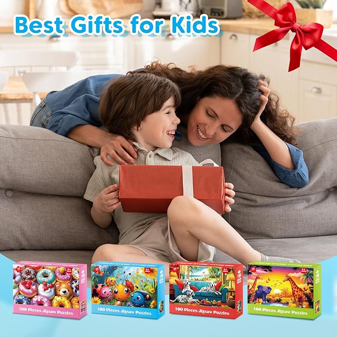 4 Packs 100 Piece Puzzles for Kids Ages 4-6-8-10, Donuts Insects Dalmatians Animals Large Piece Jigsaw Puzzles for Children Senior Adult Educational Puzzle Toys Preschool Birthday Gifts