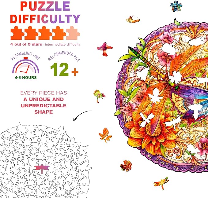 Wooden Puzzles for Adults - Dragonflies and Flowers Wooden Jigsaw Puzzle - Unique Animal Shaped Wood Puzzles Adult - Christmas Birthday Gifts for Adults/Friends/Family - 190pcs 11.4 * 11in