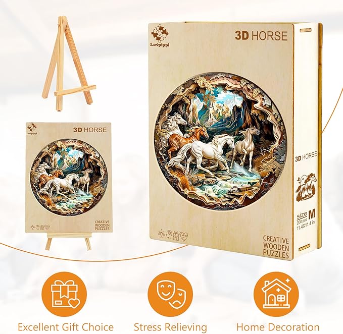 Wooden Puzzles for Adults, Wooden Jigsaw Puzzles for Adults Kids, 3D Vision Effect-3D Horse Unique Shaped Wood Puzzles Adult, Creative Birthday Gifts for Friends Family Game(8.5 * 8.5in 100pcs)