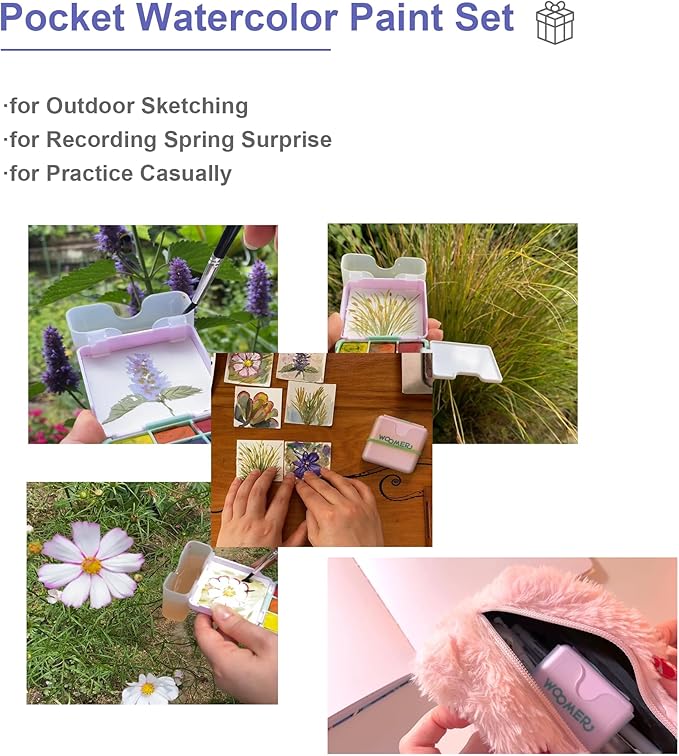 Woomer Pocket Watercolor Paint Set, 9 Vivid Colors Travel Watercolor Paint with 2 Foldable Palettes, Wash Cup, Perfect Water Color Set for Kids Beginner Students Adult Gift