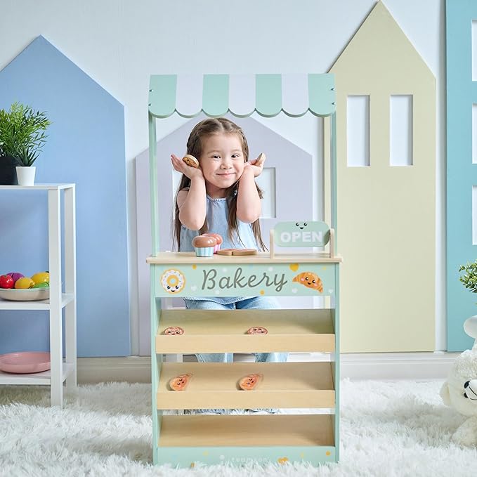 Teamson Kids Jolly Pals Wooden Bakery Market Stand Pretend Playset for Kids Ages 3+, Pastry Play Food Rotating Open/Close Sign, Hidden Storage Educational Role-Play, Pretend Play Wooden Market Stall