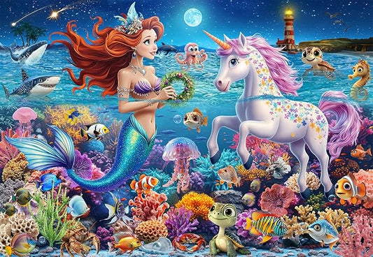 100 Piece Puzzles for Kids Ages 4-6-8, Mermaid and Unicorn Puzzles 100 Pieces for Kids, Underwater Scene Jigsaw Puzzle for Children Learning Educational Toys Gifts for Girls Boys