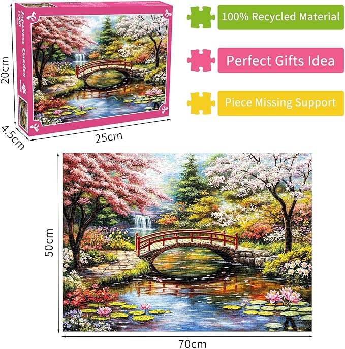 Japanese Garden Jigsaw Puzzles 1000 Pieces for Adults Cherry Trees Water Lilies 1000 Piece Jigsaw Puzzles for Adults