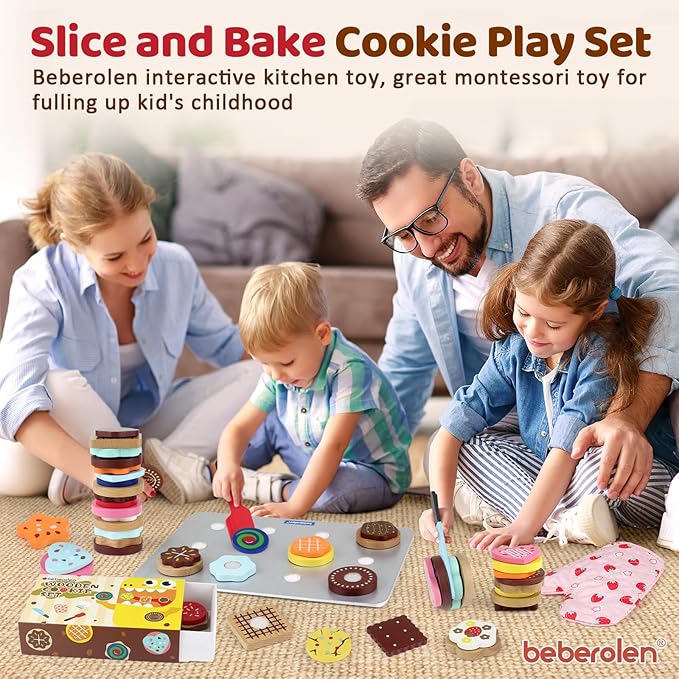 Wooden Cookie Play Food Set for Kids Kitchen Accessories Food Toys for Toddlers 1-3 Pretend Play Slice and Bake Gift for 3 4 5 Years Old Girls and Boys Toddler Learning Toys