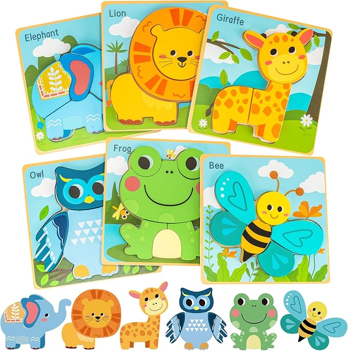 deli Wooden Toddler Puzzles, 6 Pcs Animals Puzzles for Toddler, Montessori Preschool Educational Learning Toys Make a Great Gifts for 1 2 3 4 5 Year Olds