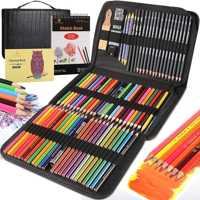 Drawing Kit, 78pcs Sketch Color Metallic Colored Watercolor Graphite pencil, 5.8x8.5" Sketchbook, 5.4x8"coloring book, for Sketching Drawing, Perfect Art draw Set Gift for Artist Beginner