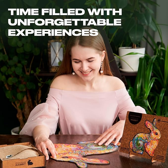 UNIDRAGON Original Wooden Jigsaw Puzzles - Precious Rabbit, 106 Pieces, Small Size 8.6"x9", Beautiful Gift Package, Unique Shape Best Gift for Adults and Kids