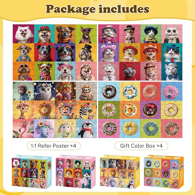 100 Piece Puzzles for Kids Ages 4-6 6-8 8-10, 4 Packs Cute Animals Dogs Cats Donuts Kids Puzzles Ages 3-5 4-6 5-8, 100 Large Piece Puzzle for Adults Seniors, Educational Jigsaw Puzzles Gift (15x10 in)