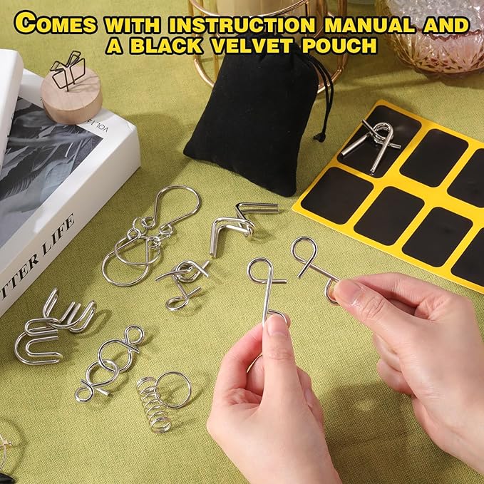 Yilloog Metal Wire Puzzle Set of 8 with Pouch, Brain Teaser Puzzles IQ Test Ring Disentanglement Unlock Interlock Game Trick Metal for Party Favor Challenge(A Style)