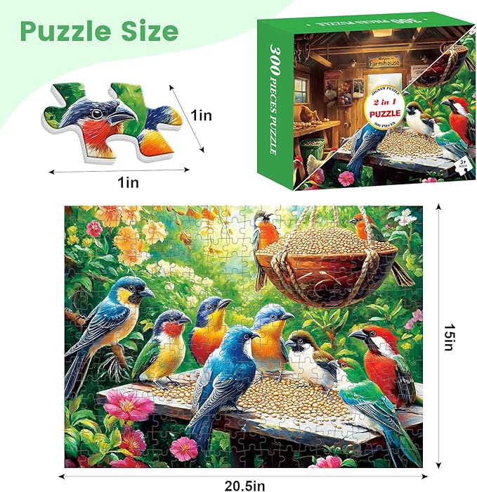 2 Pack 300 Piece Puzzle for Adults, Birds Feasting in the Garden Jigsaw Puzzles,Chicken Barn Scene 300 piece puzzle, Challenging Puzzle for Adults, Seniors and Kids, Perfect for Family Game 20.5*15 in