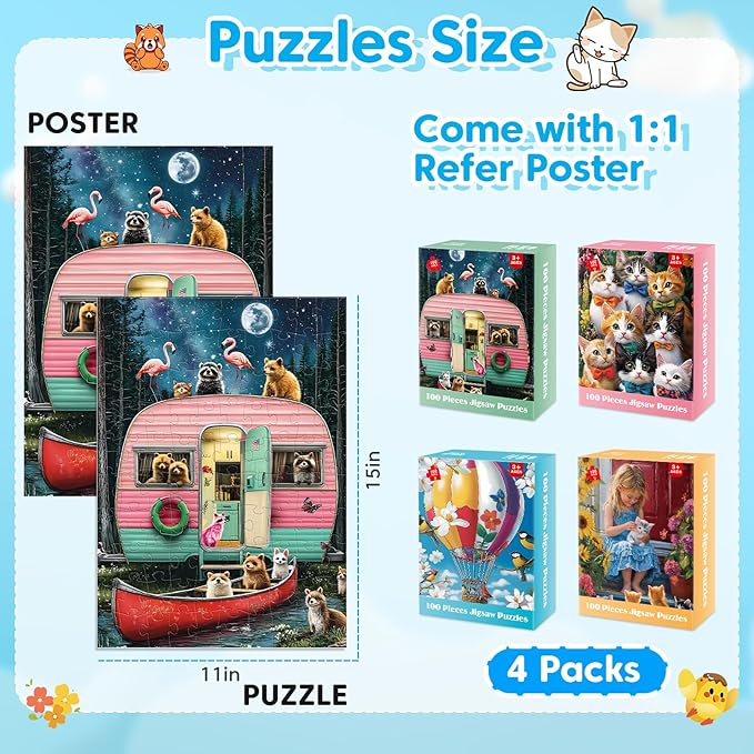 4-Pack 100 Piece Puzzles for Kids Ages 4-6, 6-8 | RV Trailer, Hot Air Balloon, Girl & Cats | Engaging & Educational Jigsaw Puzzles for Girls and Boys